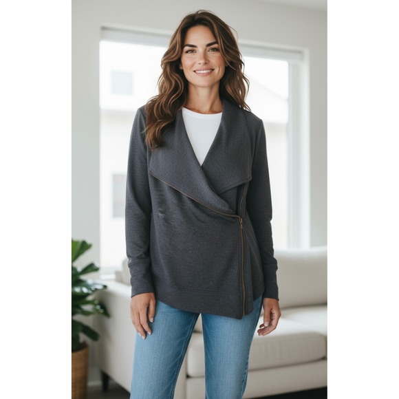 Caslon Tops - Caslon Womens Gray Asymmetrical Zip Up‎ Funnel Neck Tunic Sweatshirt Medium